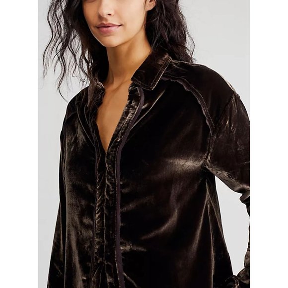 NEW FREE PEOPLE Marianne Velvet Shirt / Midnight Brown - Picture 8 of 9